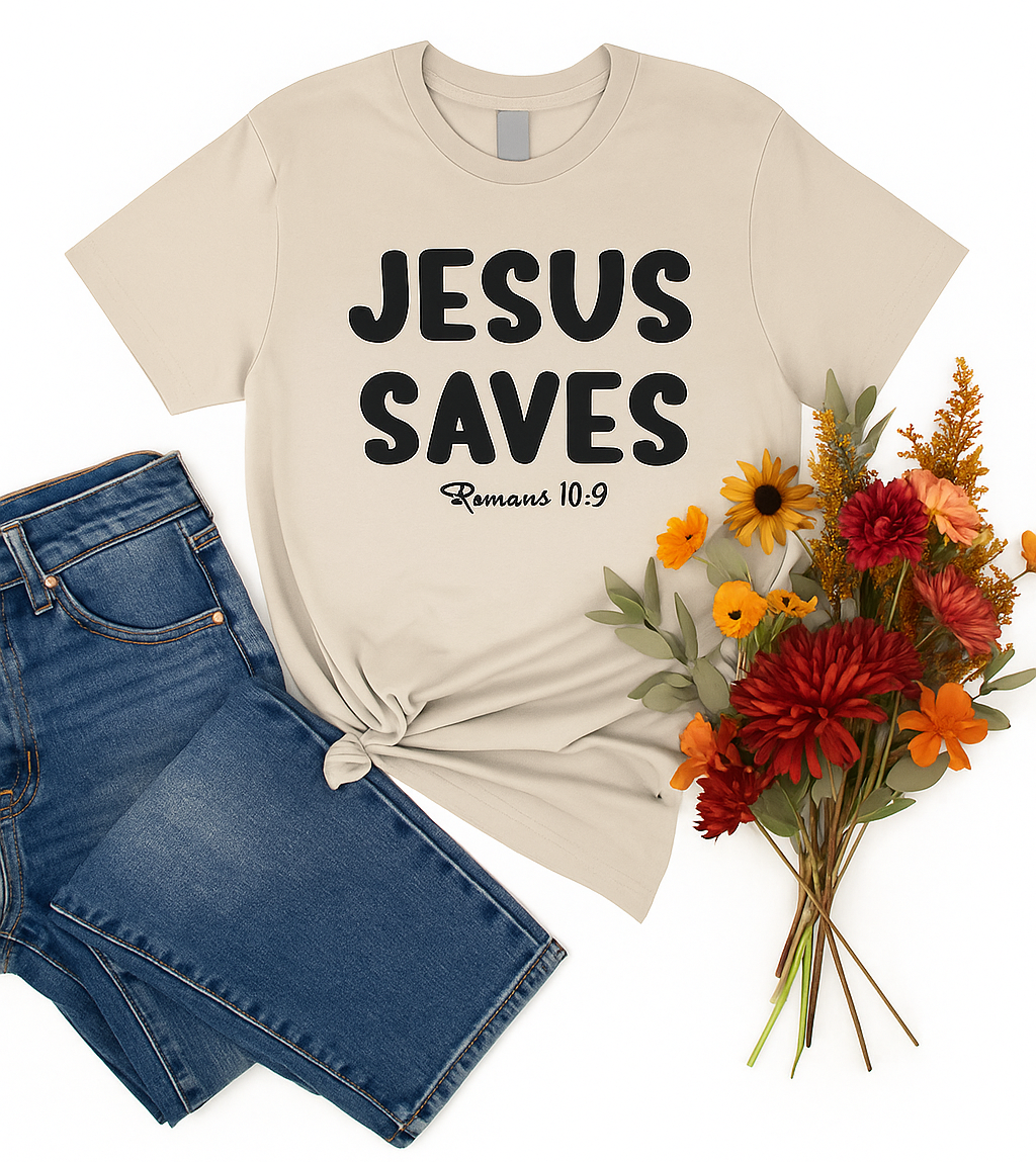 Jesus Saves Christian T-Shirt – Romans 10:9 | Faith-Based Graphic Tee